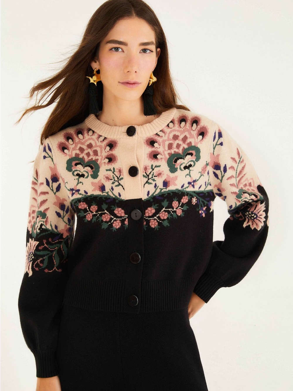 FARM Rio Belle Garden Floral Knit Cardigan S Cream Black Puff Sleeve Cottagecore
